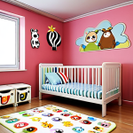 **A brightly colored children's room decorated with BabyBus themed items. Focus on wall decorations like posters and wall stickers featuring BabyBus characters, and functional furniture like a bed and storage boxes, all with a consistent BabyBus theme. The scene should evoke a magical and inspiring atmosphere.**