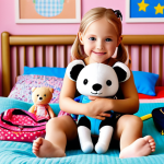 **A happy Swedish child hugging a Kiki or Miumiu BabyBus doll. The child is sitting in their brightly colored bedroom, surrounded by BabyBus merchandise like clothes, toys, and school supplies.**
