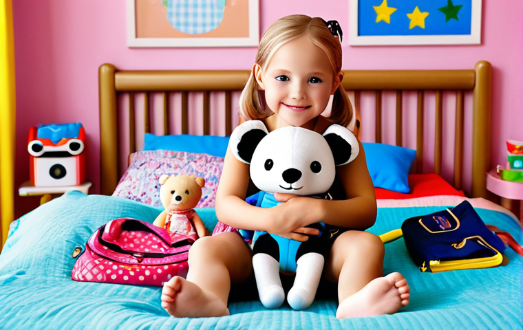 **A happy Swedish child hugging a Kiki or Miumiu BabyBus doll. The child is sitting in their brightly colored bedroom, surrounded by BabyBus merchandise like clothes, toys, and school supplies.**